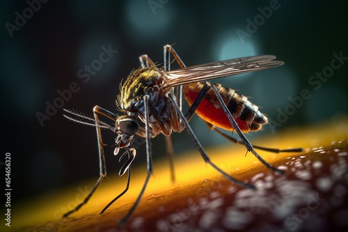Generative AI : Aedes aegypti or yellow fever mosquito sucking blood on skin,Macro close up show markings on its legs and a marking in the form of a lyre on the upper surface of its thorax © The Little Hut