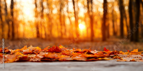 The empty wooden table top with blur background of forest autumn.