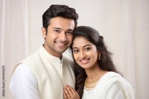 Indian couple hugging to each other and smiling on white background.