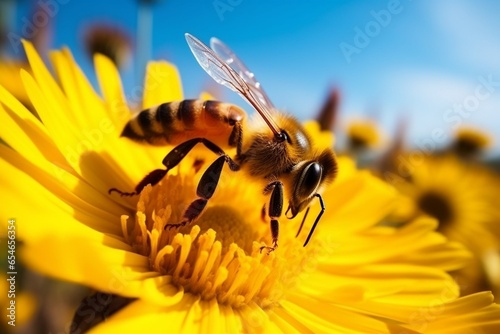 Generative AI : Bee and flower. Close up of a large striped bee collects honey on a yellow flower on a Sunny bright day. Macro horizontal photography. Summer and spring backgrounds