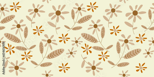 hand-drawn plants, simple small flowers. Flowers Branches and Leaves Repeating Seamless pattern hand-drawn with tropical leaves. floral seamless pattern with leaves The geometric pattern © narrn