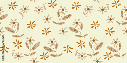 hand-drawn plants, simple small flowers. Flowers Branches and Leaves Repeating Seamless pattern hand-drawn with tropical leaves. floral seamless pattern with leaves The geometric pattern © narrn