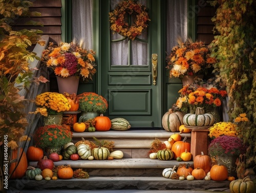 fall autumn wreath on green front door and autumn flower pot arrangementts on steps