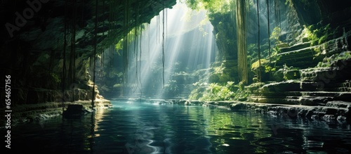 Beautiful cenote in Central America with clear waters and hanging roots located in Chichen Itza Mexico photo