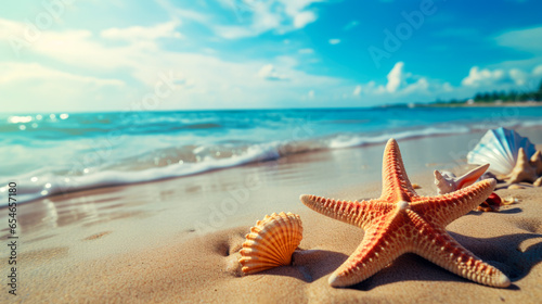 Starfish and seashells on the sandy beach near the sea