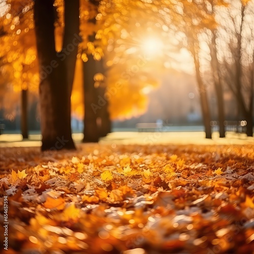 Beautiful autumn background, Abstract background of autumn leaves in the rays of sunlight in the autumn, A picturesque colorful artistic image with a soft focus.