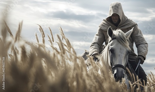 Photo of a man riding a brown horse in a picturesque setting photo