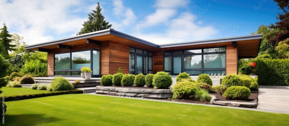 Contemporary home with cedar flat roof large windows blue sky and green landscape