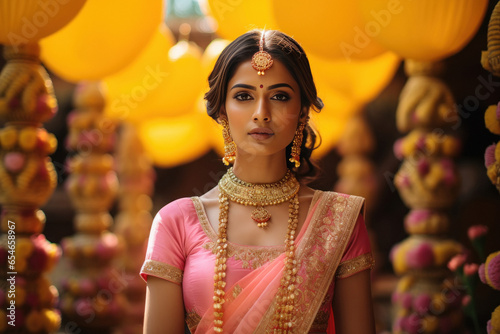 Indian bride in traditional wear and jewelery standing at temple photo