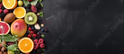 Top view of organic fruits vegetables nuts seeds blending on a black chalkboard Vegan detox clean eating concept