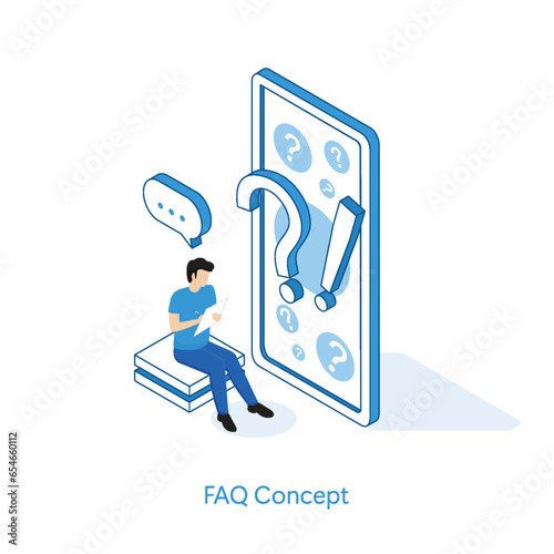 Frequency asked questions. Character asking for question to online helpdesk service. FAQ concept.  Vector illustration.