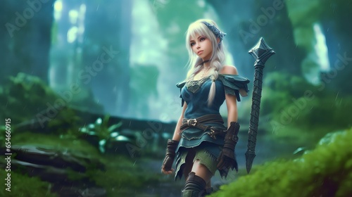 Fantasy fighting woman assassin warrior in forest