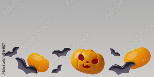 3D Halloween background with copy space. Horizontal border with flying pumpkins and bats. Minimal glossy plastic design elements. Vector illustration.