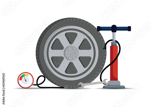 Automobile tire service station vector flat design. Tools for repairing the wheel