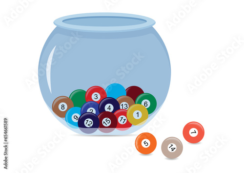 Lottery numbers in a glass bowl clipart. Raffle with glass bowl vector flat design © MihaiGr