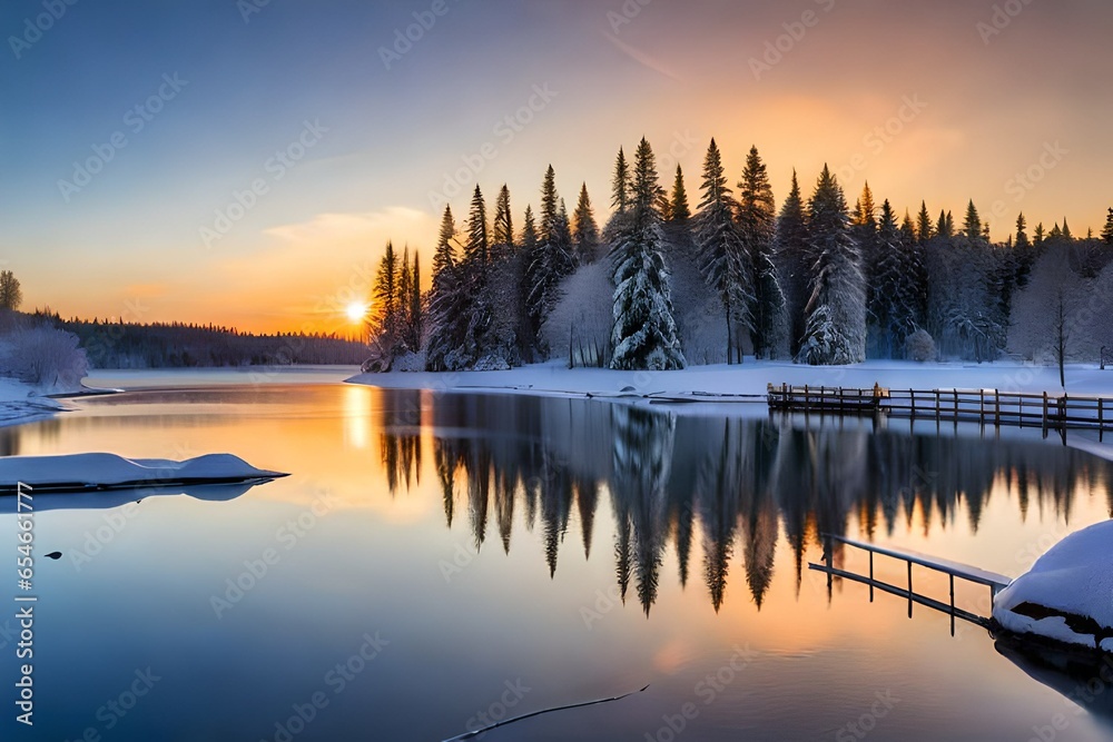 As the winter day draws to a close, the setting sun casts reflections on the tranquil lakeside scene.




