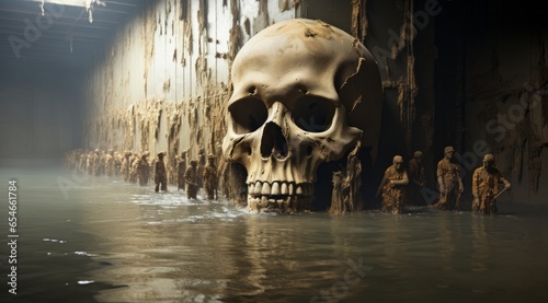 A haunting scene of a submerged skull amidst a still pool of water, surrounded by the solemn faces of onlookers, captures the delicate balance between life and death