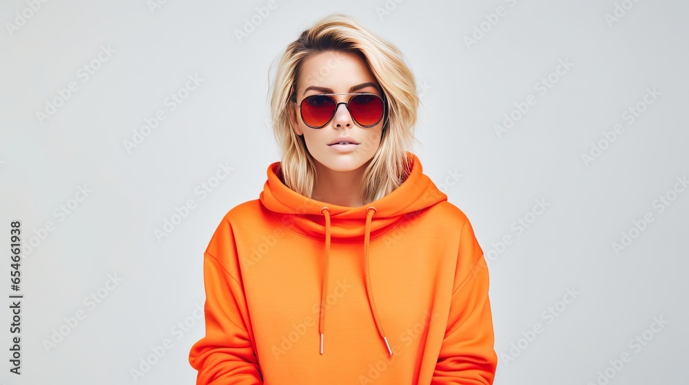 Posing against a white background, a stylish, self-assured blonde woman is donning a trendy orange sweatshirt and sunglasses. Posing against a white background, a stylish, self-assured blonde woman is donning a trendy orange sweatshirt and sunglasses.