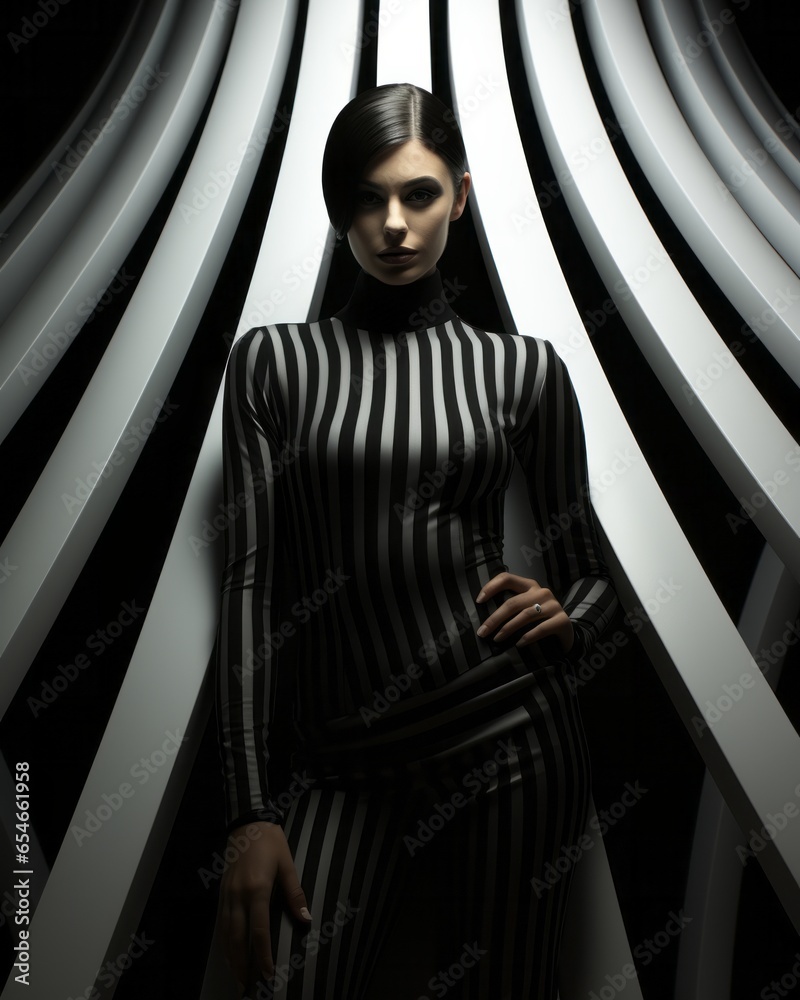 A vibrant woman stands out from the crowd in her stylish striped outfit, embodying a bold sense of fashion and making a statement of confidence A vibrant woman stands out from the crowd in her stylish striped outfit, embodying a bold sense of fashion and making a statement of confidence