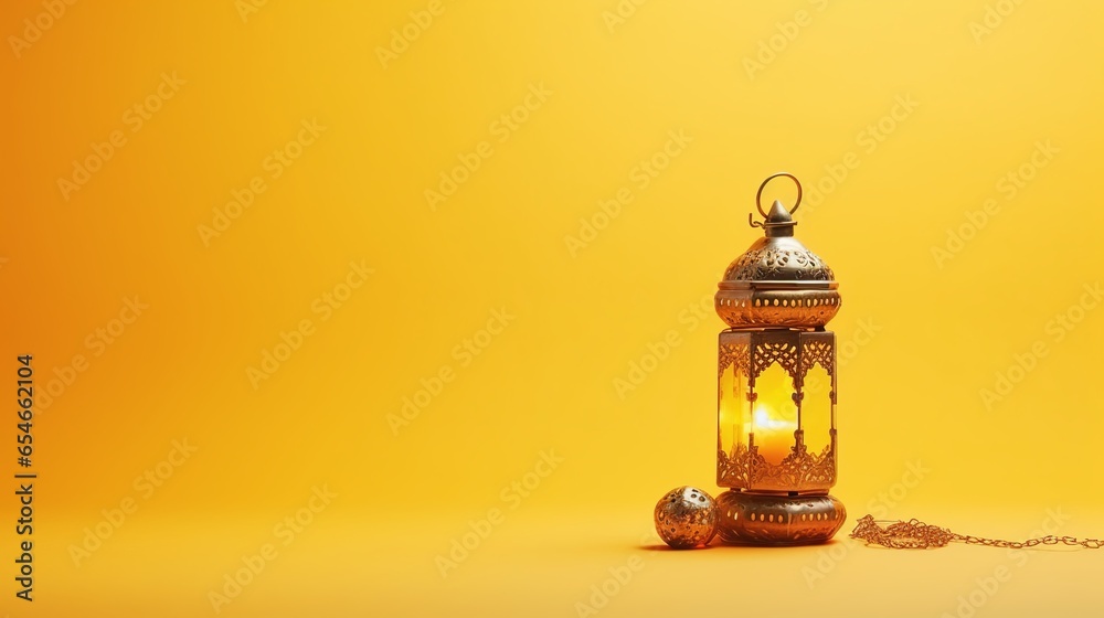 Fawanis. On a background of vivid yellow, a traditional Ramadan lantern is displayed. Give the text some room.