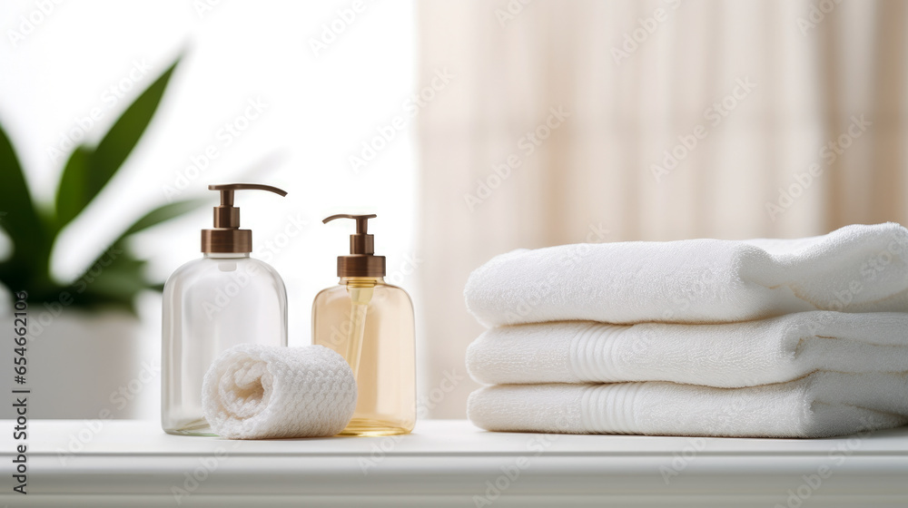 Spa products on white table in bathroom, closeup. Beauty treatment