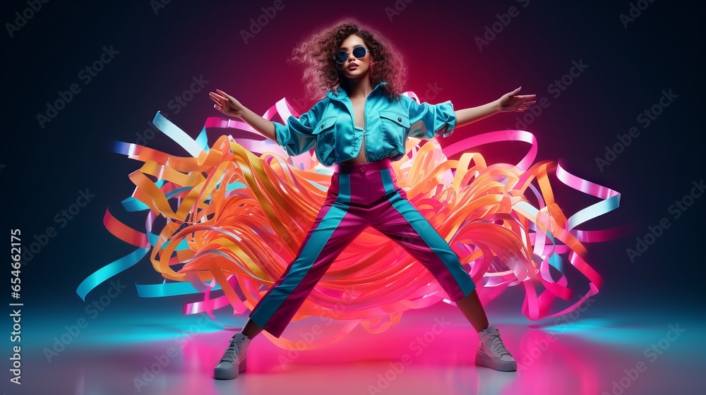 View of a pretty, jovial girl dancing in good spirits at full body length against a multicolored, vibrant neon light background View of a pretty, jovial girl dancing in good spirits at full body length against a multicolored, vibrant neon light background
