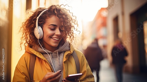Happy female holding cellphone listening to music on a footpath with wireless headphones