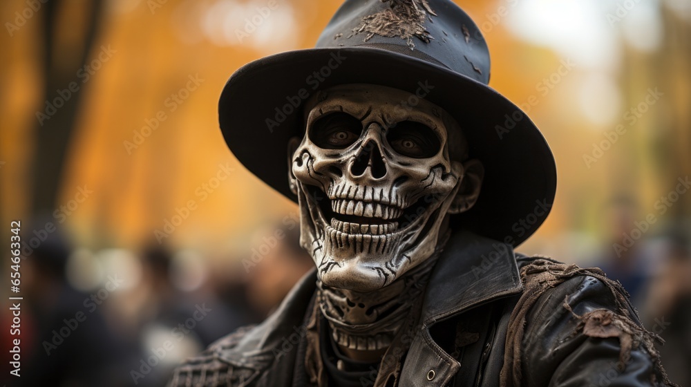 A mysterious figure shrouded in a skull-emblazoned garment stands confidently in the streets, evoking an enigmatic air of style and mystery A mysterious figure shrouded in a skull-emblazoned garment stands confidently in the streets, evoking an enigmatic air of style and mystery