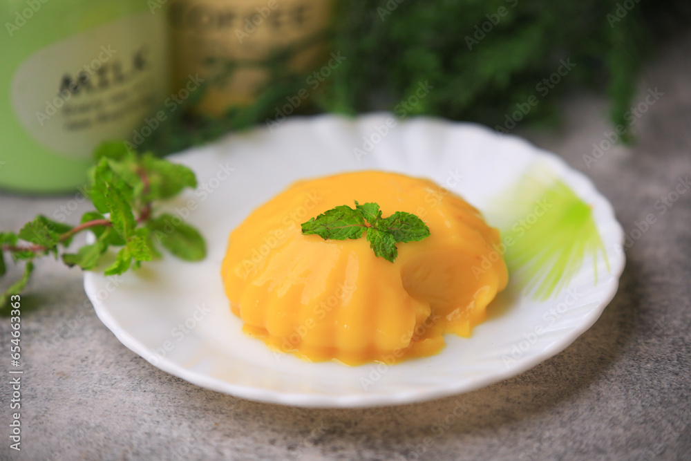 mango pudding closeup with selective focus and blur mango pudding closeup with selective focus and blur