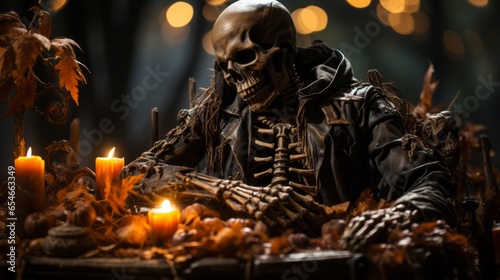 The eerie light of the flickering candles casts an otherworldly glow on the skeletal figure sitting motionless at the table, creating a hauntingly beautiful scene