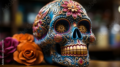 A mesmerizing combination of the eerie and the beautiful, this blue and gold skull adorned with delicate flowers brings a surrealistic beauty to life © Envision