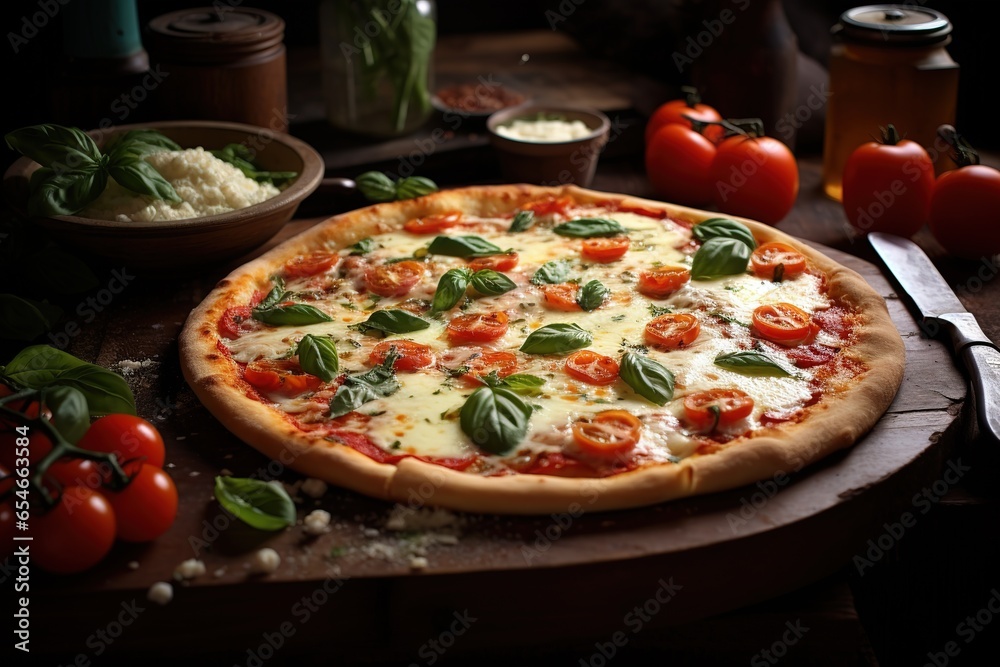Delicious Italian mozzarella pizza with tomatoes and basil alongside the ingredients. Low light