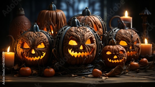 On halloween night, group of carved pumpkins illuminated by flickering candles provides magical and spooky atmosphere, evoking spirit of trick-or-treaters and the timeless traditions of celebrating