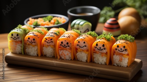 A wooden tray of delicately crafted sushi with vegetable garnish, each piece a unique and creative edible art piece that will tantalize the senses and bring life to any indoor dining table