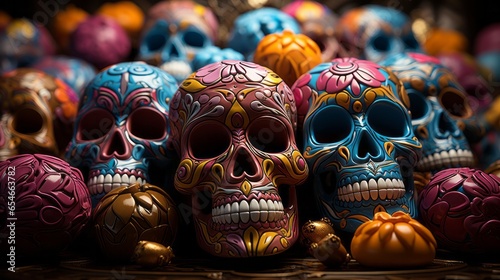 A vivid and vibrant display of colorful skulls captures the imagination, evoking a sense of mystery and wonder
