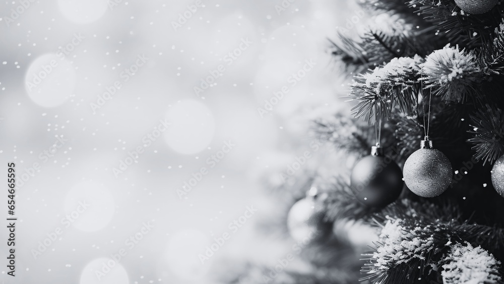 Obraz premium Snow Covered Tree Branches Decorated with Christmas Snowflakes, Winter celebration under snowing Christmas tree, black and white monochrome. 