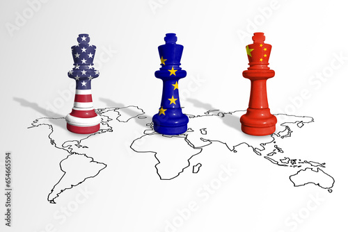 Photography Chess made from USA, EU and China flags on a world map