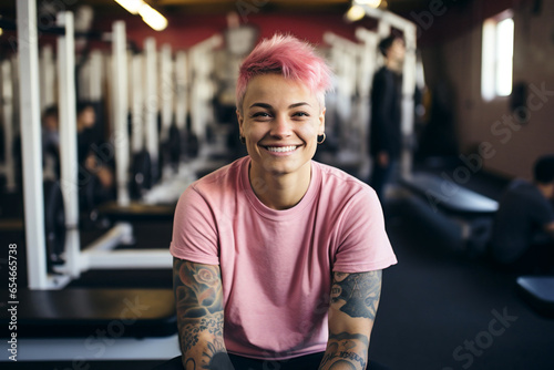 person with pink hair smiling at inclusive gym