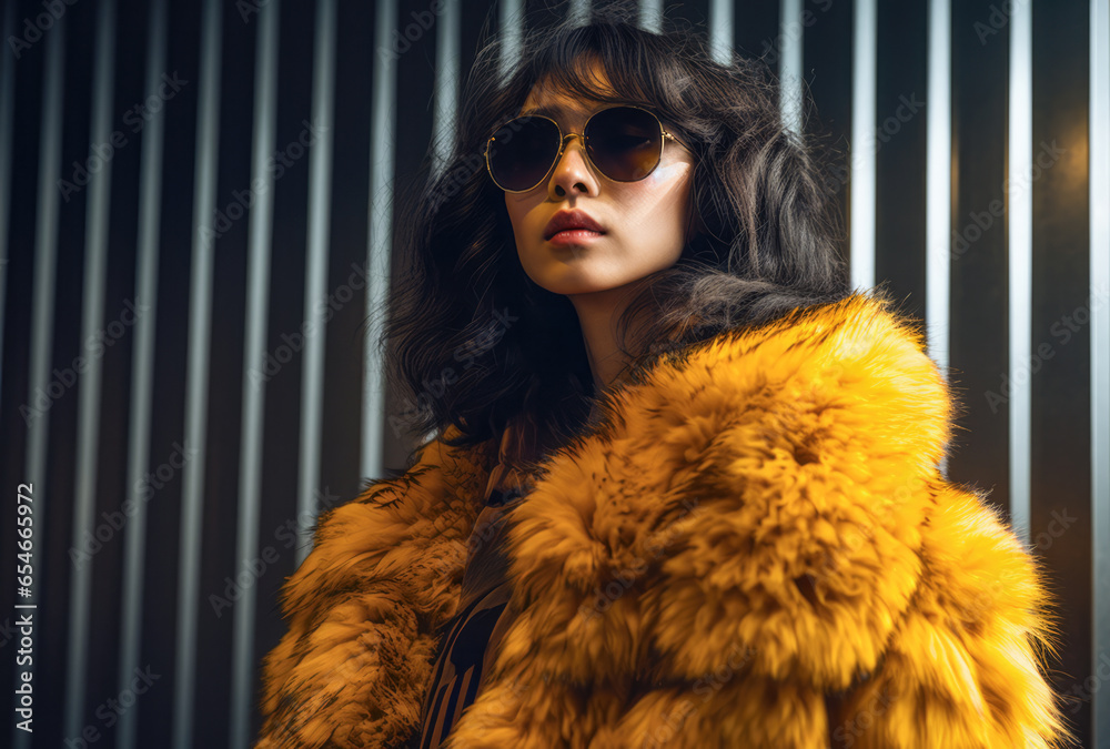 Confident Chinese young woman in sunglasses and a fur coat Confident Chinese young woman in sunglasses and a fur coat
