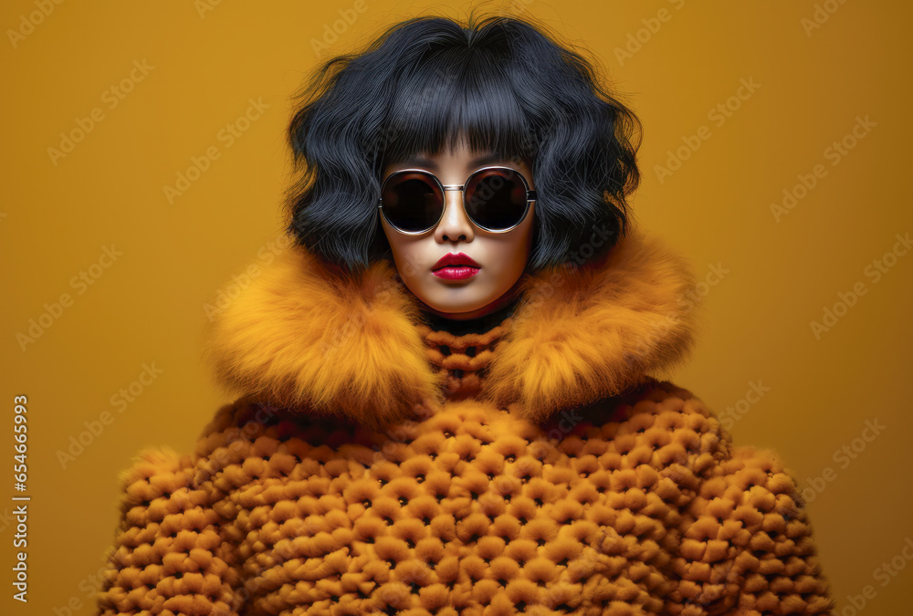 Confident Chinese young woman in sunglasses and a fur coat Confident Chinese young woman in sunglasses and a fur coat
