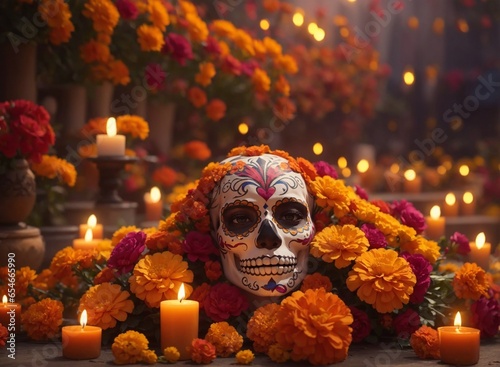 Mexican traditional Day of the Dead table with colorful skulls candles and flowers