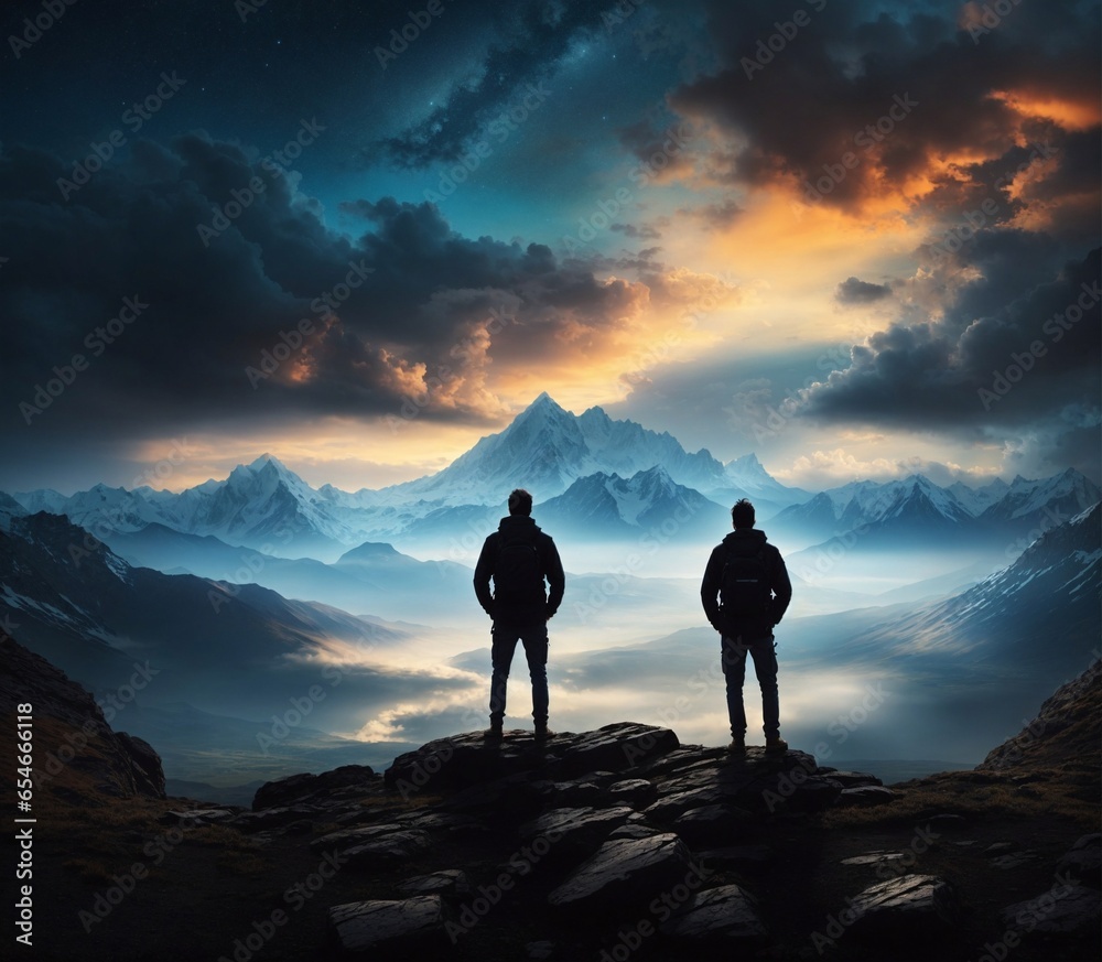 Two men silhouettes standing on top of the mountains enjoy the beautiful view of nature at sunset
