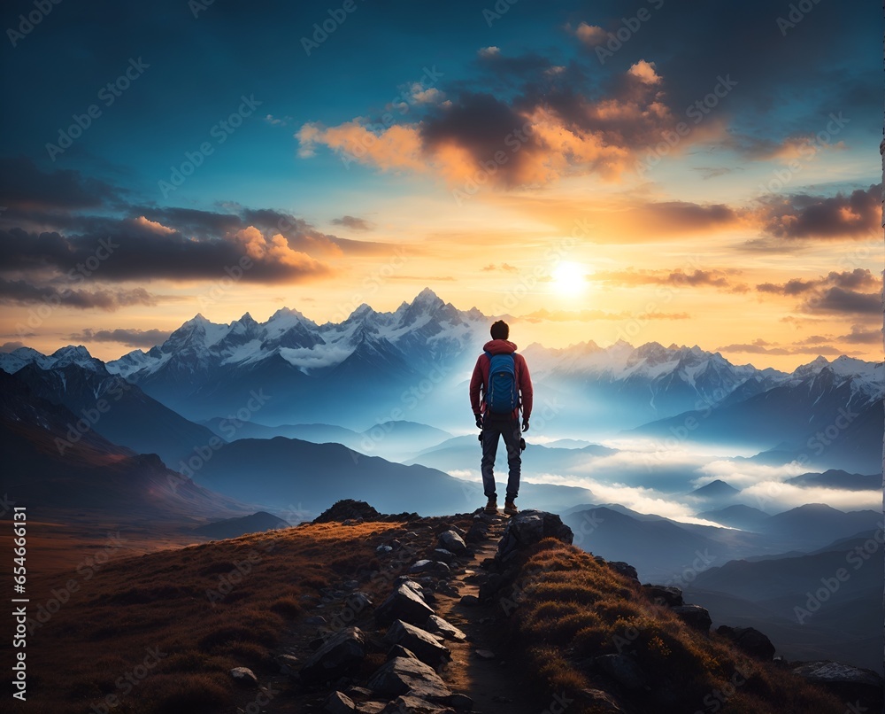 Man hiker silhouette standing on top of the mountains enjoys the beautiful view of nature at sunset