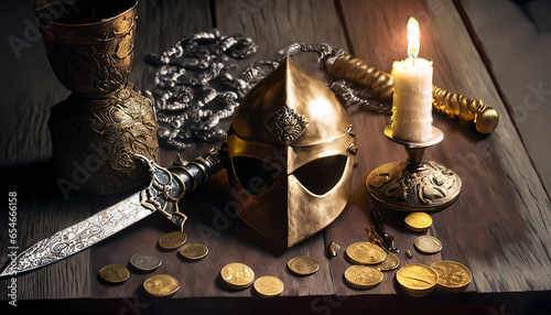 Golden helmet of a hero, medieval still life with dagger, chain, golden cup and candle on a wooden table, dark fantasy