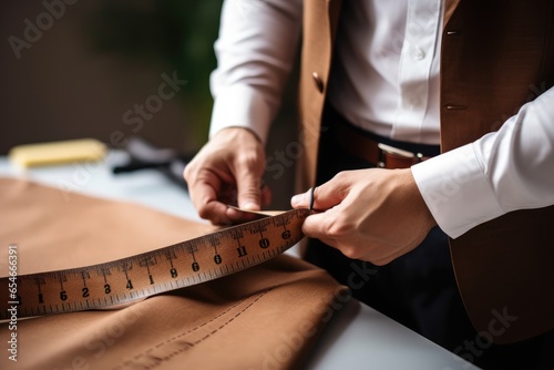 Closeup experienced professional tailor hands sewing custom handmade and high quality apparel in ancient luxury traditional tailoring workshop. Handmade industry and hand craft couturier concept. photo