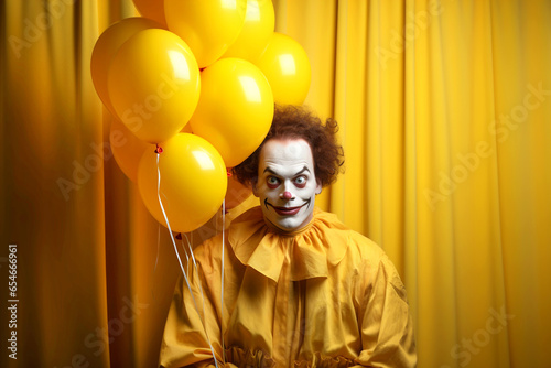 Slika na platnu Scary serious clown with red balloon on isolated yellow studio background