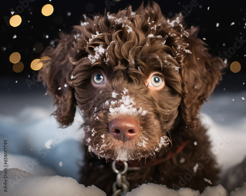 Brown Curly Labradoodle dog in a winter setting. Winter wonderland with snow, pine tree and a doodle dog. photo