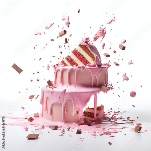 Isolated pink cake and dessert pieces on a white background. 