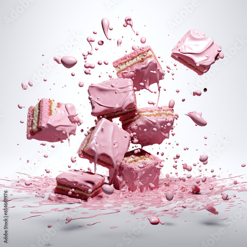 Isolated pink cake and dessert pieces on a white background. 