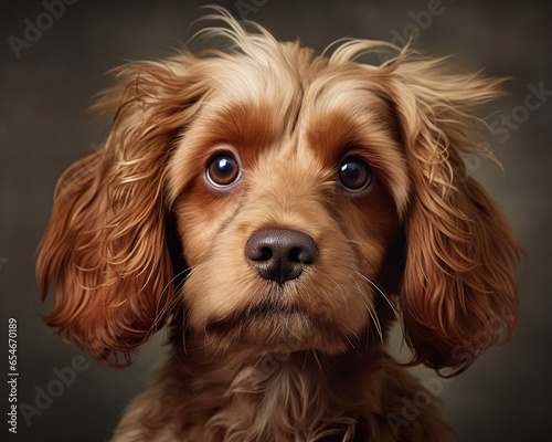Closeup portrait of a dog head, in a studio setting, spaniel dog breed